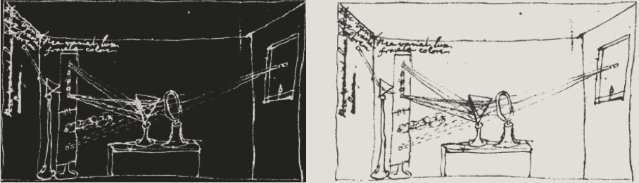 Fig. 2: Das Experimentum Crucis Newtons. Rechts eine Original-abbildung aus dem Jahre 1704. Links die Schwarz-Weiß-Invertierung der Abbildung, die der tatsächlichen Versuchsan-ordnung entspricht:  Zerlegung des weißen Sonnenlichts in ei-nem sorgfältig abgedunkelten Raum (Newton). Entsprechend kann die Originalabbildung als Zerlegung eines „Schattenstrahls“ in heller Umgebung gelesen werden (Goethe).